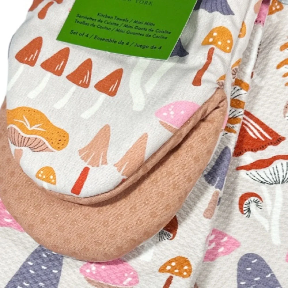 NEW ♠️Kate Spade♠️ MUSHROOM DESIGN Kitchen Towel & Mini Oven Mitt 4 Piece Set 🍄